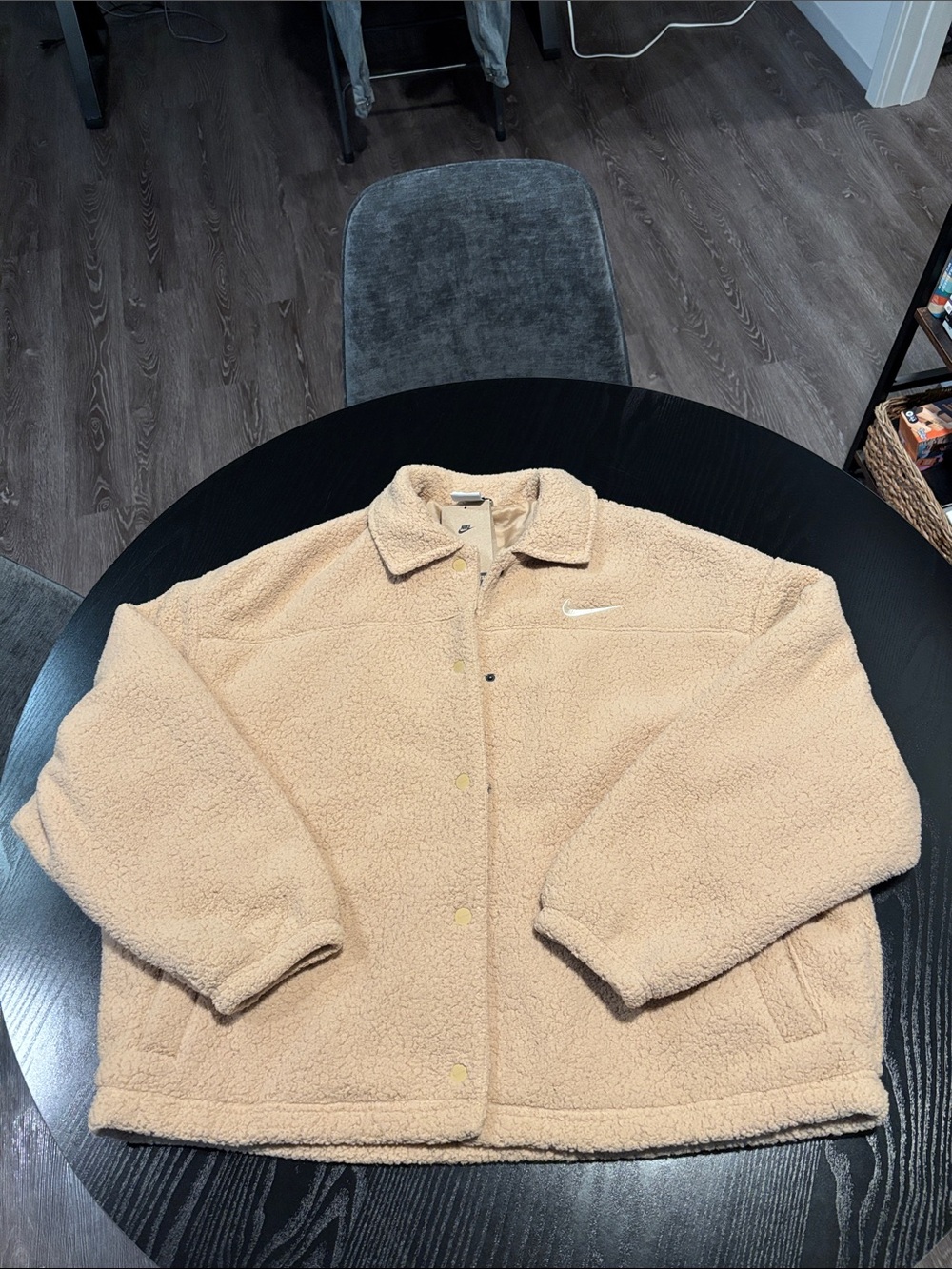 Nike Tan Sherpa Button-Up Jacket with White Swoosh US Large NWT